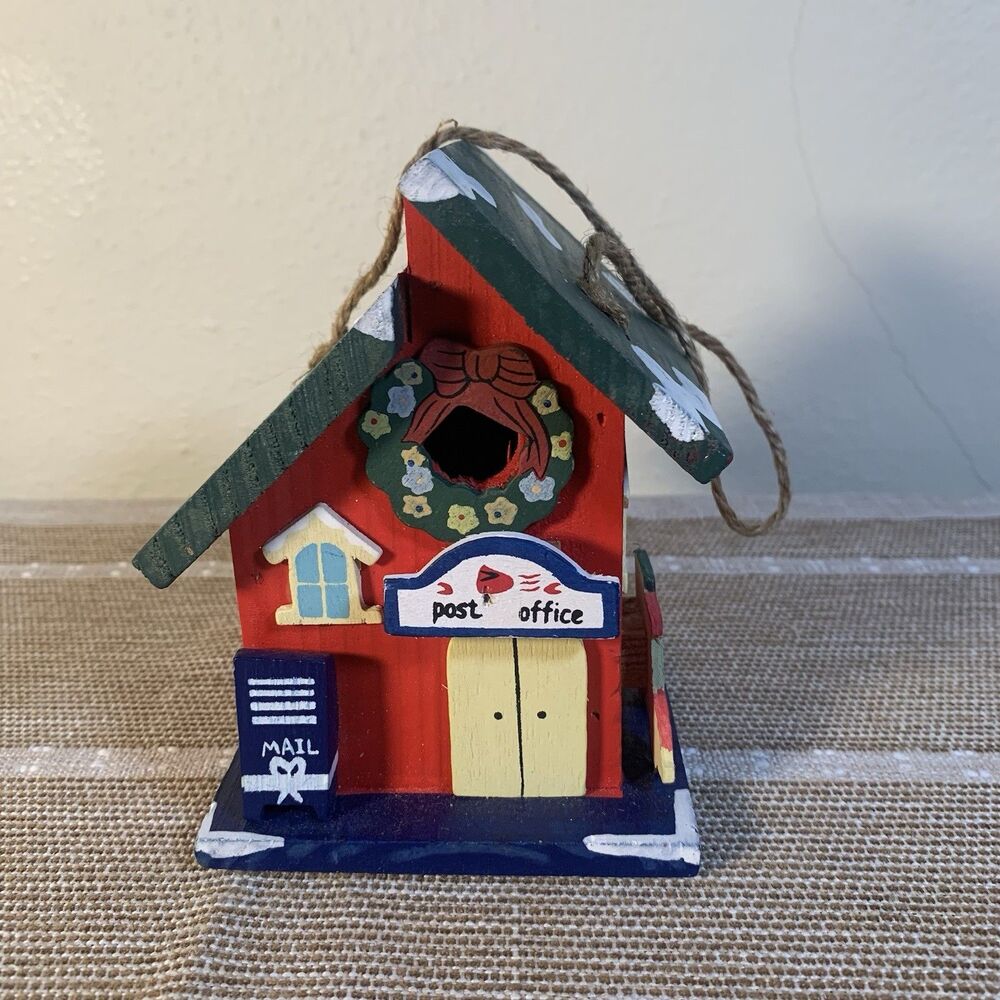 Wooden Small Bird House Post Office Folk Art Colorful 3D Christmas Decor 5.5”